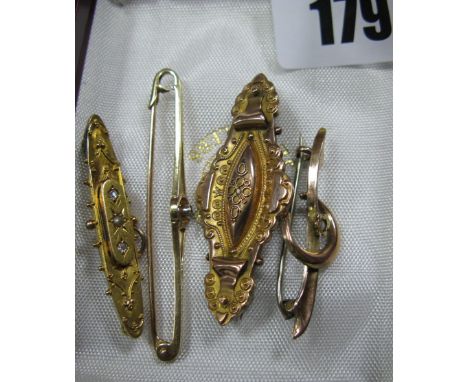 A 9ct Gold Brooch, of shaped textured design; together with a diamond and pearl set bar brooch, stamped "15ct", a single ston