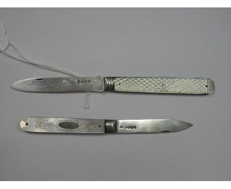 A Georgian Hallmarked Silver and Mother of Pearl Folding Fruit Knife, (possibly Sheffield 1814), with textured scales; togeth