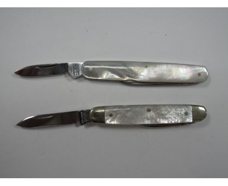 An Ibberson Made in England Two Blade Folding Penknife, with plain mother of pearl scales; together with another example, sta