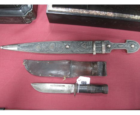 WWII U.S 225 Q Commando Fighting Knife, stamped Cattaraugus to blade, in scabbard. An Indian style ceremonial knife in sheath