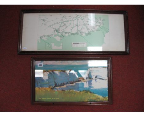 A 1950's Railway Carriage Colour Print depicting Old Harry Rock, Dorset, printed 'The Dorset Coast Go By Train', in original 