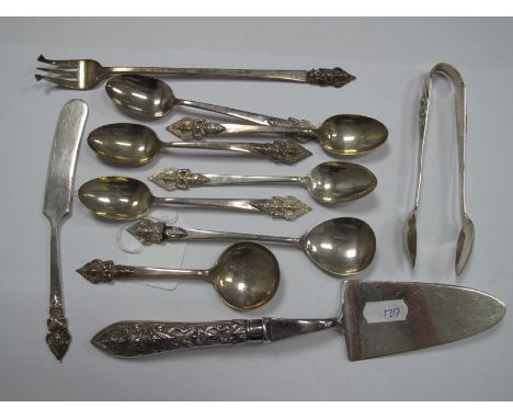 A Set of "SIAM STERLING" Teaspoons, matching butter knife, pie server, sugar tongs, pickle fork etc.