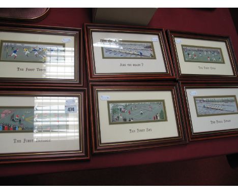 Six Limited Edition Framed Sporting Silk Pictures Woven by J &amp; J Cash Ltd of Coventry -The First Innings, Are You Ready, 