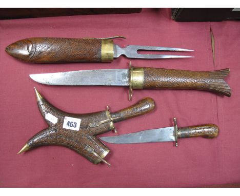 Indian Carving / Eating Knife and Fork In Carved Hardwood Sheath, as a fish 43cm long, similar in "X" shape case. 