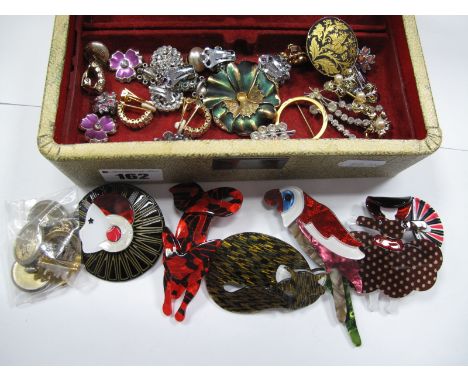 A Collection of Assorted Vintage and Modern Costume Brooches, clip earrings etc, contained in a jewellery box.