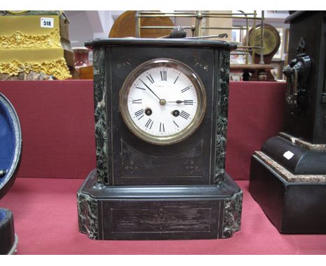 A XIX Century Black Slate and Marble Mantel Clock, of rectangular section, on plinth base, white enamel dial, Roman numerals,