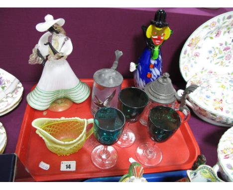 Murano Glass Figures of a Clown and a Crinoline Lady, vaseline glass basket, turquoise glass wines, cut glass and enamel pain