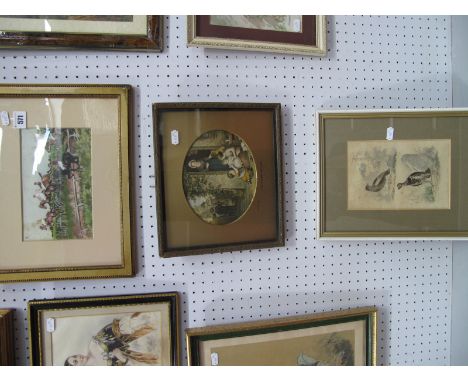 A. Leach Over the Fences, Watercolour, 12.5 x 20.5cm, signed and dated '68, Leblond print The Cherry Seller, game bird print.