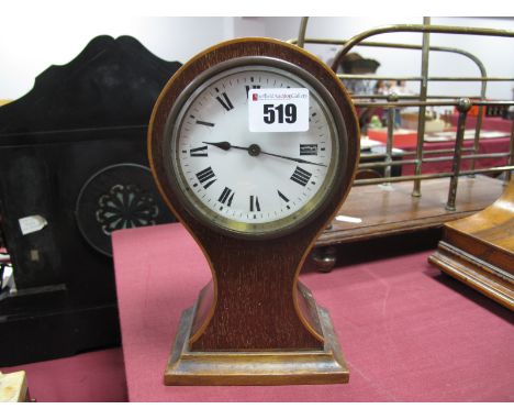 An Edwardian Mahogany Balloon Mantel Clock, boxwood stringing, white enamel dial Roman numerals, plinth base.