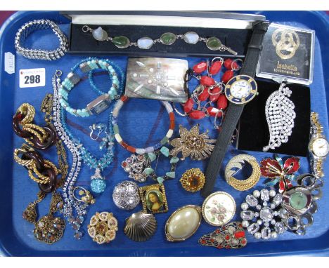 Assorted Costume Jewellery, including pair of vintage clip earrings, ladies wristwatches, brooches, bracelet etc:- One Tray