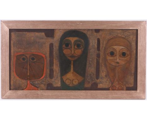 Manner of Rufino Tamayo,
mixed media oil/sand on board, 3 stylised figures, unsigned, 11" x 22.5", framed.