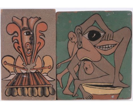 Continental School,
2 mixed media sand paintings on board, abstract figures, signed with monograms FF, largest 16" x 13.5", u