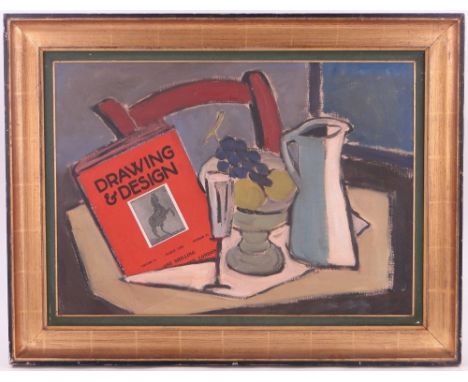 Mixed media oil on board/collage, abstract still life drawing & design, unsigned, modern, 19.5" x 27", framed.