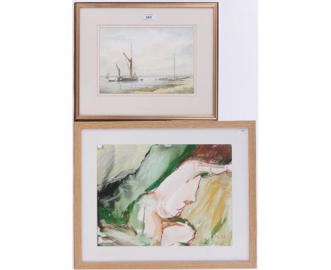Alan Whitehead,
watercolour, "A Swale Buoy", 8" x 11" and Danny Mooney, mixed media, reclining nude, 12" x 15.5", framed, (2)
