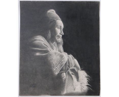 Detailed pencil drawing, portrait of an Oriental man, signed with monogram, 23" x 19.5", unframed.