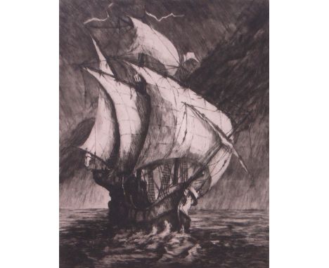 W Sichel,
etching, galleon at sea, signed and titled in pencil, i 16.5" x 13", framed, ex property of Sir John Masterman.