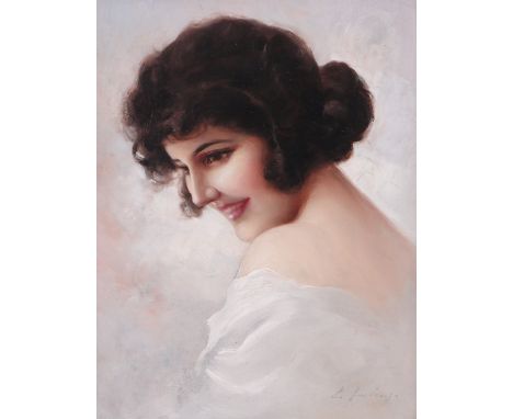 Oil on canvas, portrait of a young woman, indistinctly signed, 15" x 12", framed.