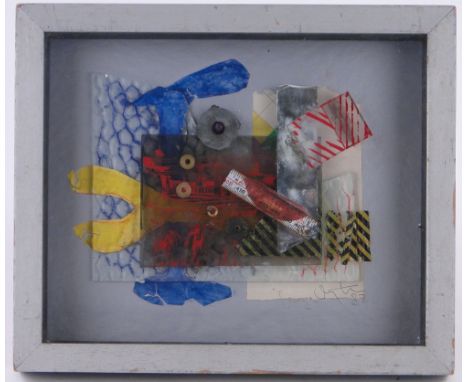 Inge Clayton,
mixed media box sculpture "Composition With Glass", signed and dated '82, artist label verso, overall 10" x 12"