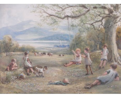 Early 20th century watercolour, children playing on a swing, unsigned, 7" x 10", framed.