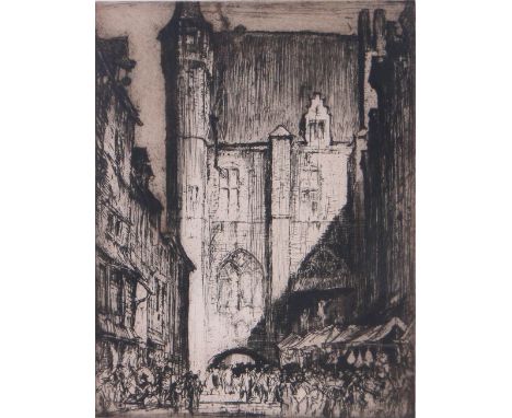 Sir Frank Brangwyn (1867-1956),
etching, continental street market, signed in pencil, 15.5" x 12", framed.