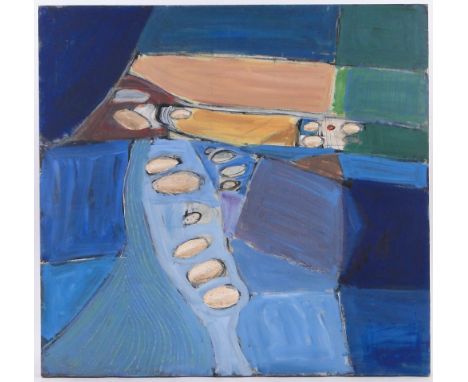 Eric Atkinson (born 1928),
mixed media,  oil/acrylic/collage on board, "Winterbourne, Stoke Cemetery near Stonehenge", inscri