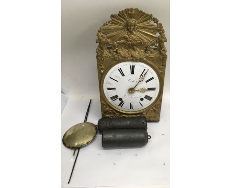 A similar lot of French Gallut a la Rochefoucault farmhouse wall clock having enamel Roman dial in gilt surround, with weight