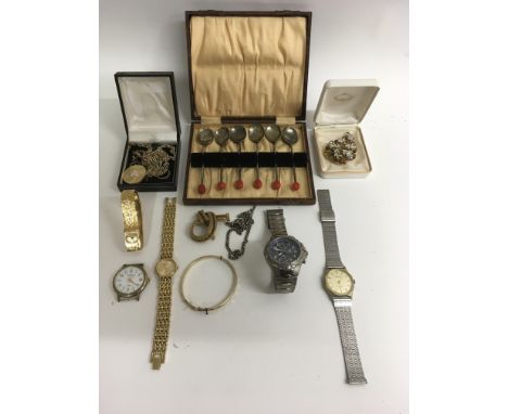 A cased set of silver teaspoons, a rolled gold bangle, various watches and costume jewellery