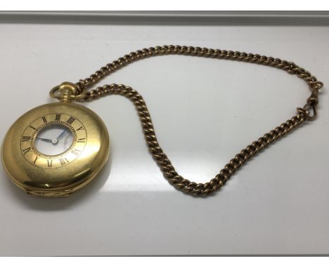 An 18ct gold half hunter pocket watch with subsidiary dial on 9ct rose gold chain