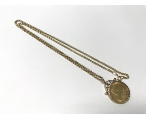 A Victorian 1883 half sovereign on a 9ct gold mount and rope chain. Weight approx 11g