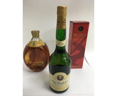A boxed bottle of Remy Martin V.S.O.P champagne cognac, a whisky dimple, bottle of Pete Magloire Calvados, a boxed set of Boh