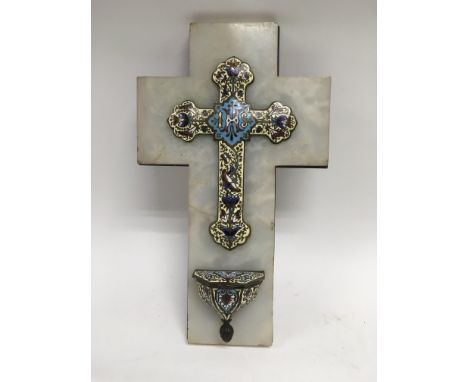 An antique French enamel and marble holy water stoop.