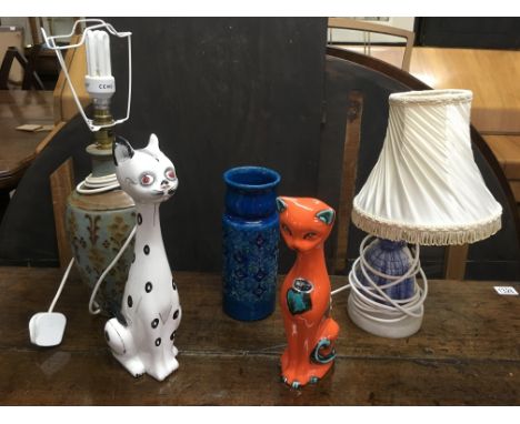 An Italian Bitossi vase, a Danish type pottery lamp, pair of retro ceramic cats and one other lamp