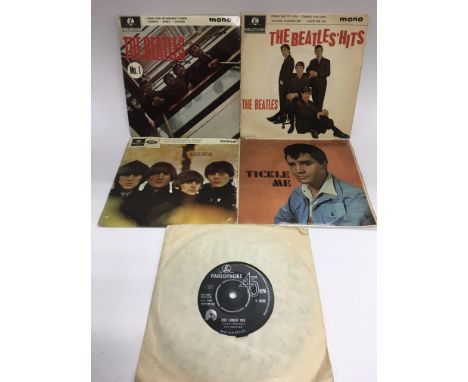 Three Beatles EPs and a 7 inch single plus an Elvis Presley 'Tickle Me' EP (5).