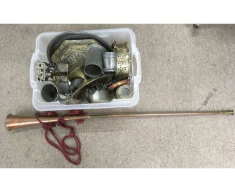A box of mixed metalware and a brass bugle