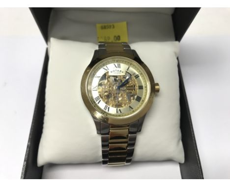 A boxed gents rotary automatic skeleton wristwatch.
