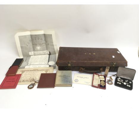 A brown leather case containing Free Masony related items. The case contains the Essex Freemasons Calendar from 1932-1933, th