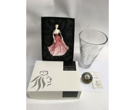 A boxed Royal Doulton Lady, a Caithness 'Spellbound' paperweight and large Stuart crystal vase