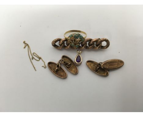 A collection of jewellery comprising Edwardian 15 ct ring 9 ct gold brooch, pendant and chain and 9 ct gold cufflinks