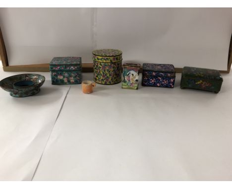 A collection of Chinese enamel pieces to include a small cloissone box, a cloissone Round dish, three enamel boxes and a smal