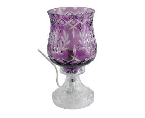 An amethyst and clear glass table lamp, with hobnail cut floral shade, unsigned, 28cm high.