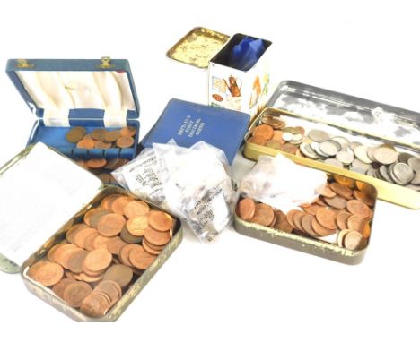 Various coins, pennies, Queen Elizabeth II with original patina, low denomination GB used, threepenny bits, half crowns, Isle