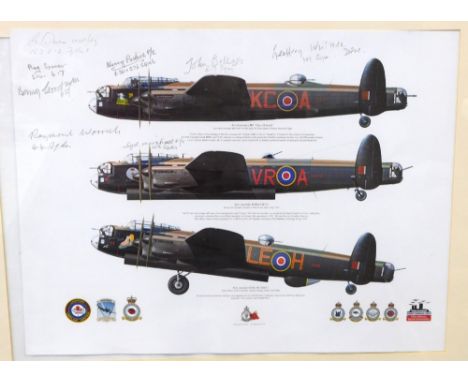Bomber Command (20thC). Lancaster print, signed by various pilots, etc, Reg Spencer, John Bell, Geoffrey Whittle, etc, 31cm x