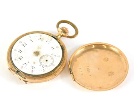 A 14ct gold cased hunter pocket watch, with engine turned cover, vacant cartouche, Arabic dial subsidiary second hand and pla