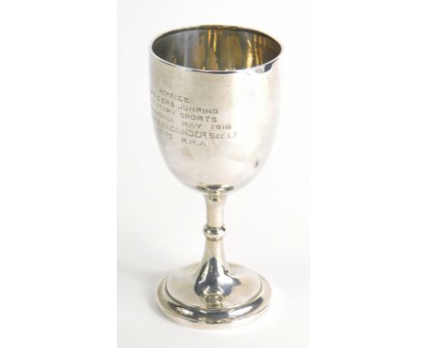 A George VI silver goblet, with inverted stem and circular foot, marked First Prize Officers Jumping Military Sports...May 19