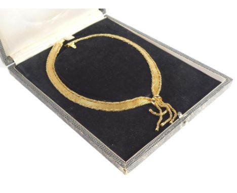A ladies 1950s/60s woven flat collar necklace, with broke work either side, and fine lined interwoven main chain, drawn toget