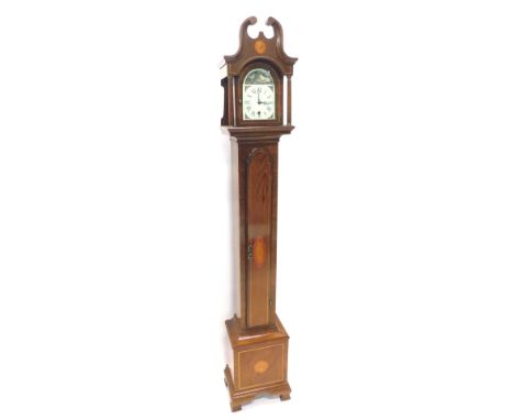 A Grandmother clock, the arched dial with printed decoration of a Dutch style river landscape, with cattle, and painted Roman