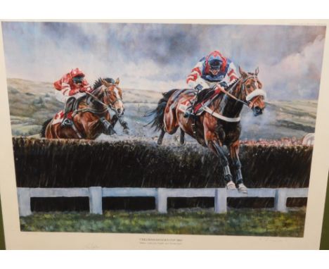 A. J. Dent (20thC). Cheltenham Gold Cup 2000, artist signed limited edition print, 151/750, 52cm x 64cm, and a further figure