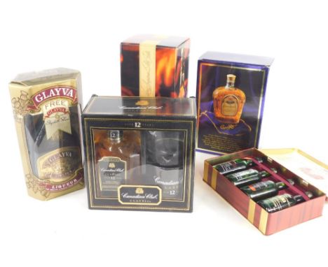 Various alcohol, boxed Glayva liqueur, Crown Royale Hennessy cognac, boxed litre bottle, Canadian Club box set, port etc. (a 