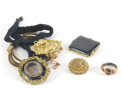 A group of Victorian and later jewellery, comprising a Victorian memorial brooch with black enamel and Pinchbeck border, with