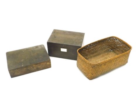 A painted wooden box with label for Watches and Lamp Holders, another wooden box and a rectangular basket. (3) 